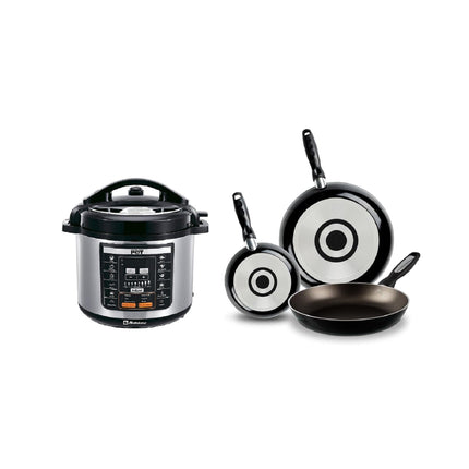 Combo Olla de presión Koblenz Kitchen Magic Pop KMP-1000 IN electrica + 3 Pack de Sartenes Ekco 3 PACK NEGRO Aluminio con Duraflon