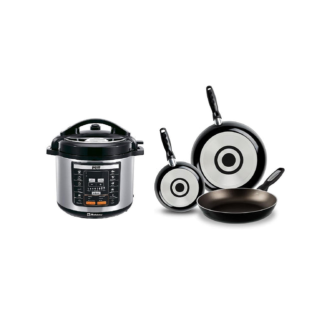 Combo Olla de presión Koblenz Kitchen Magic Pop KMP-1000 IN electrica + 3 Pack de Sartenes Ekco 3 PACK NEGRO Aluminio con Duraflon