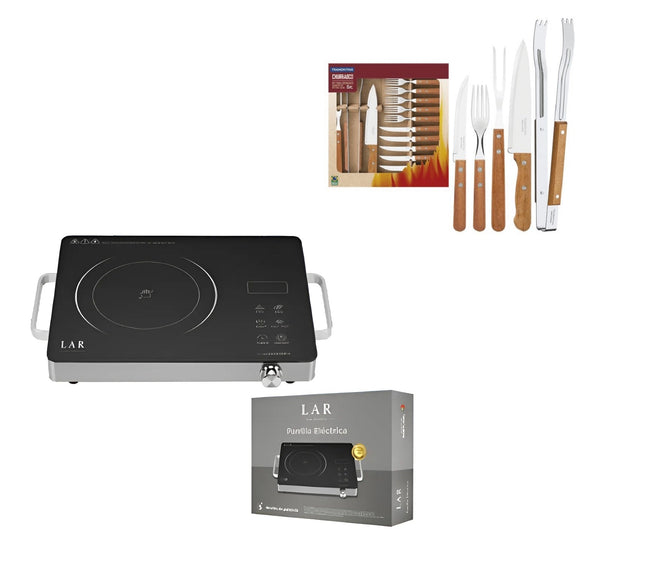 Combo Parrilla Eléctrica Fussion LARLB-0004 de 1000W 5 Niveles *NO ES DE INDUCCIÓN* + Kit para asado Tramontina 22399028 acero inoxidable 15 piezas Dynamic