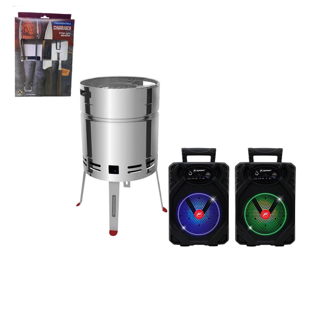 Paquete Juego para Asado Tramontina 32300312 Plenus 4 piezas + Asador al Carbón TCP 400 de Acero Inoxidable + Juego De 2 Bafles Fussion PBS-65015 Recargables 6.5" Bluetooth