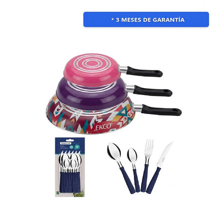 Combo Juego de sartenes Ekco 38670 de aluminio 3 piezas Indo + Juego de Cubiertos Tramontina 23198194 24 pzs New Kolor Azul