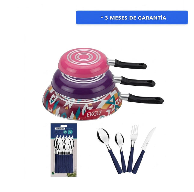 Combo Juego de sartenes Ekco 38670 de aluminio 3 piezas Indo + Juego de Cubiertos Tramontina 23198194 24 pzs New Kolor Azul