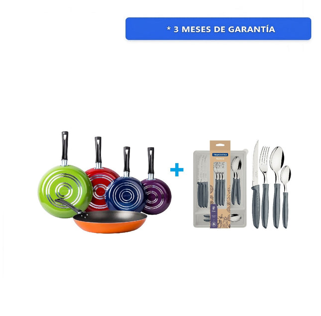 Combo Juego de 5 Sartenes 35808 Ekco De Aluminio Con Tecnología Duraflon + Juego de Cubiertos Tramontina 23498630 Plenus 25 Piezas Gris