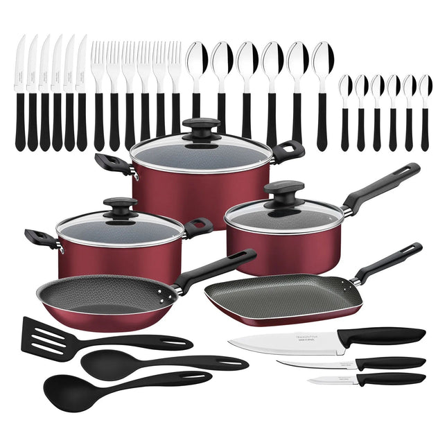 COMBO Bateria de Cocina Tramontina 27899328 Loreto Rojo 38 PiezasSarten Cuadrado + Licuadora Oster BLSTKAG RPB Rojo 4 vel Vaso de vidrio