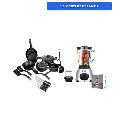 Combo Bateria de Cocina Ekco 70001377 Serum 19 pzas Negro con Antiadherente + Licuadora LAR LARLB-0003 1.5L 300w de vidrio