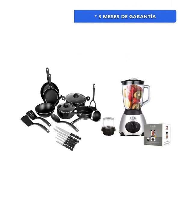 Combo Bateria de Cocina Ekco 70001377 Serum 19 pzas Negro con Antiadherente + Licuadora LAR LARLB-0003 1.5L 300w de vidrio