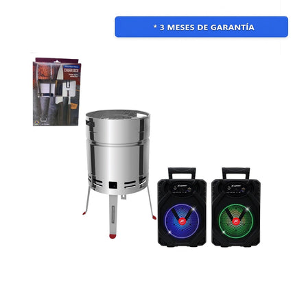 Paquete Juego para Asado Tramontina 32300312 Plenus 4 piezas + Asador al Carbón TCP 400 de Acero Inoxidable + Juego De 2 Bafles Fussion PBS-65015 Recargables 6.5" Bluetooth