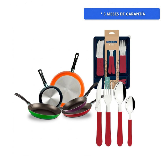 Juego de 5 Sartenes 35808 Ekco De Aluminio Con Tecnología Duraflon + Juego de Cubiertos Tramontina 23198722 25pzs Rojo