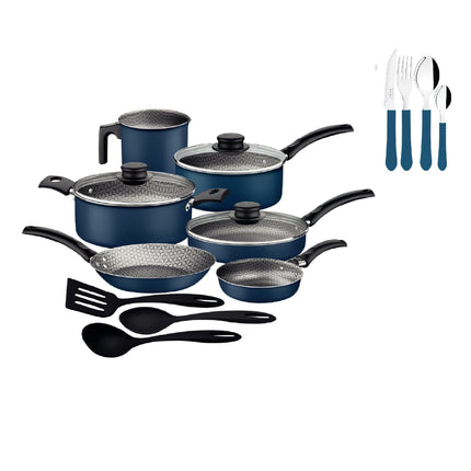 Combo Bateria de Cocina Tramontina 27899481 Turim 12 Piezas Azul + Juego de Cubiertos Tramontina 23198922 Leme 25 Piezas Azul