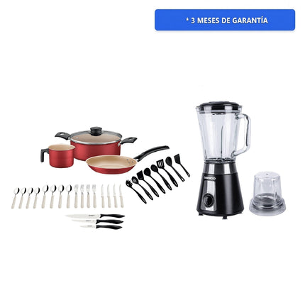 Combo Batería Tramontina 32200742 Turin Roja 31 piezas + Licuadora Daewoo DBL-851G con molinillo 1.5 lts 2 vel + Pulse rompehielos 500W Negra