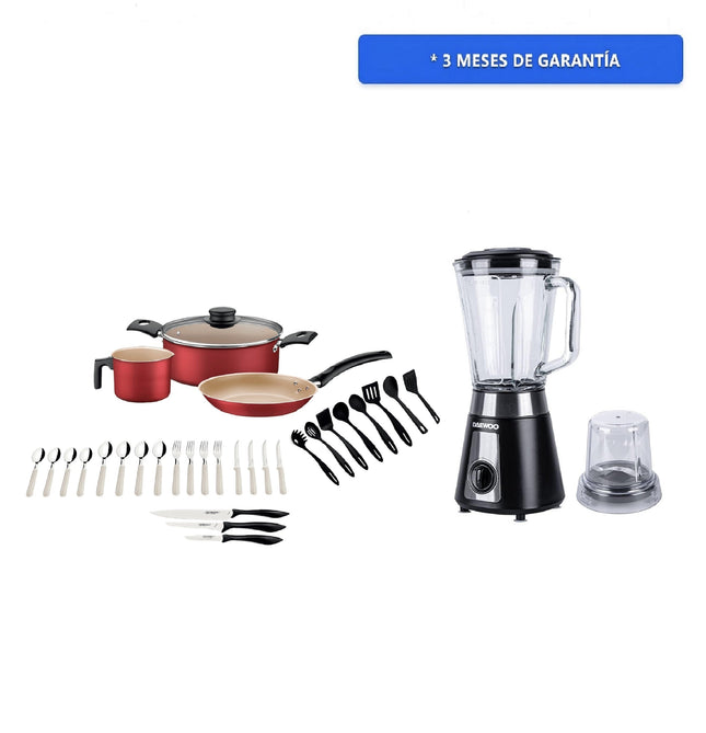Combo Batería Tramontina 32200742 Turin Roja 31 piezas + Licuadora Daewoo DBL-851G con molinillo 1.5 lts 2 vel + Pulse rompehielos 500W Negra