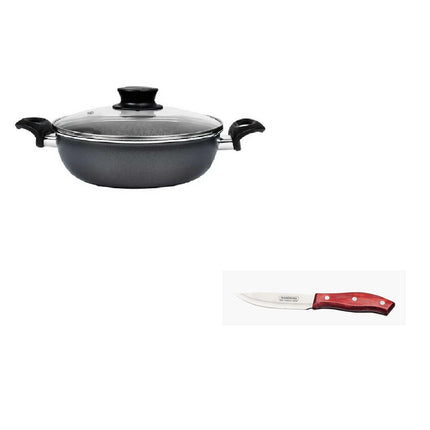 Arrocera Tramontina 80112065 con Tapa Lazio 24cm Negra + Cuchillo 21410075 Asado 5 Pulgadas Polywood