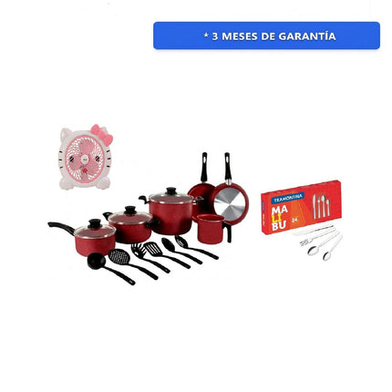 Combo Bateria Tramontina 32200308 GENOVA 15 PIEZAS ROJO + Jgo de Cubiertos Tramontina 23799022 Malibu 24 pzs + Ventilaador Fussion/YIWU VENT-0015 portatil Katty 6" 2 Vel Ajustables
