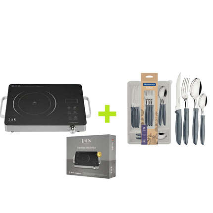 Combo Parrilla Eléctrica Fussion LARLB-0004 de 1000W 5 Niveles *NO ES DE INDUCCIÓN* + Juego de Cubiertos Tramontina 23498630 Plenus 25 Piezas Gris