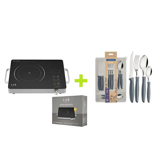 Combo Parrilla Eléctrica Fussion LARLB-0004 de 1000W 5 Niveles *NO ES DE INDUCCIÓN* + Juego de Cubiertos Tramontina 23498630 Plenus 25 Piezas Gris