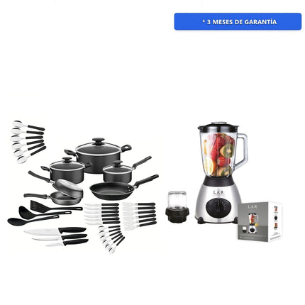 Combo Batería Tramontina Negra Cuchillos Ollas De Chef 38 Pz + Licuadora LAR LARLB-0003 1.5L 300w de vidrio