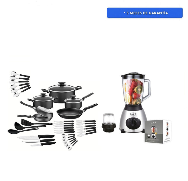 Combo Batería Tramontina Negra Cuchillos Ollas De Chef 38 Pz + Licuadora LAR LARLB-0003 1.5L 300w de vidrio