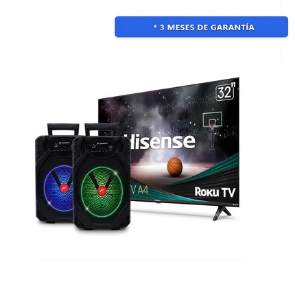 Paquete Juego De 2 Bafles Fussion PBS-65015 Recargables 6.5" PBS-65015 Bluetooth + Pantalla HISENSE 32A4HNR 32'' Roku Smart Tv Hd A4 Series