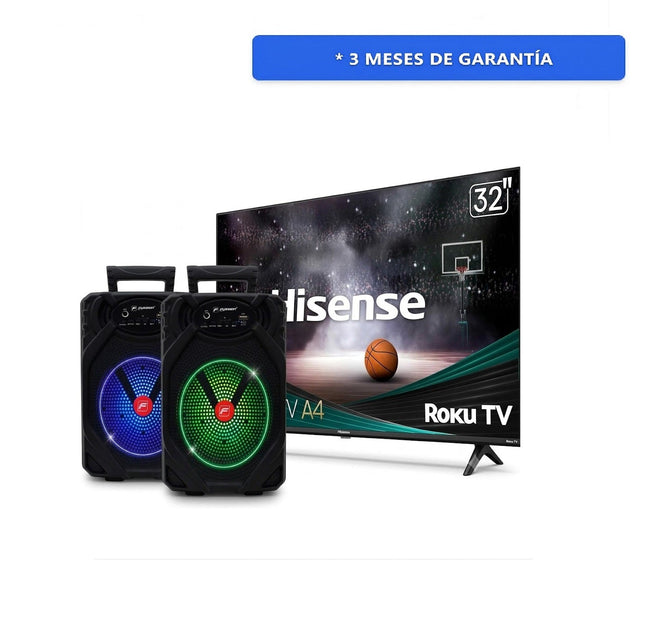 Paquete Juego De 2 Bafles Fussion PBS-65015 Recargables 6.5" PBS-65015 Bluetooth + Pantalla HISENSE 32A4HNR 32'' Roku Smart Tv Hd A4 Series
