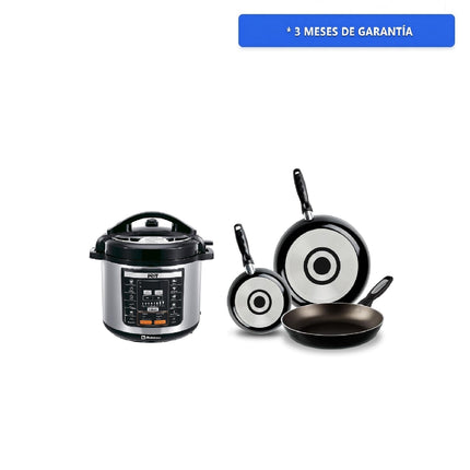 Combo Olla de presión Koblenz Kitchen Magic Pop KMP-1000 IN electrica + 3 Pack de Sartenes Ekco 3 PACK NEGRO Aluminio con Duraflon