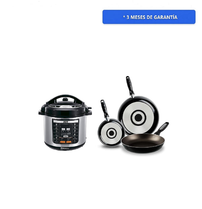 Combo Olla de presión Koblenz Kitchen Magic Pop KMP-1000 IN electrica + 3 Pack de Sartenes Ekco 3 PACK NEGRO Aluminio con Duraflon