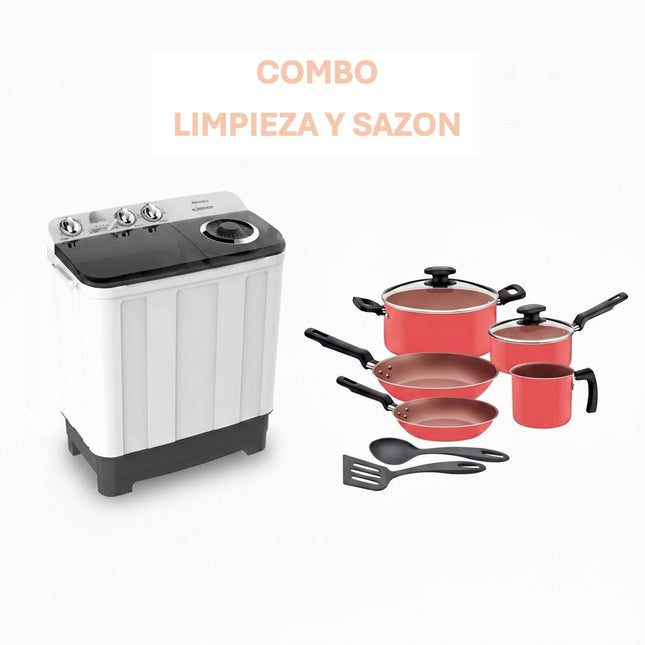 Combo Limpieza y Sazon Lavadora WSA1102PCN/PDN De 11 Kg 2 Tinas Hisense + Bateria Tramontina 27899363 9 piezas Coral