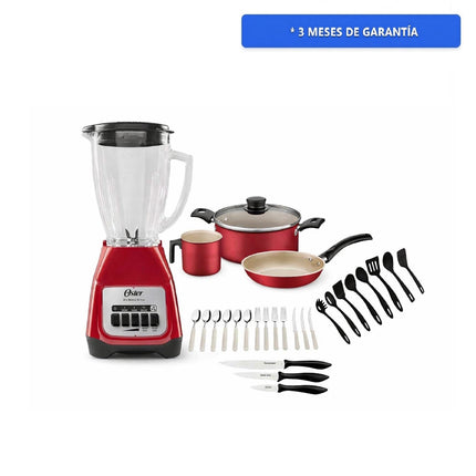 Combo Batería Tramontina 32200742 Turin Roja 31 piezas + Licuadora Oster BLSTKAG RPB Rojo 4 vel Vaso de vidrio