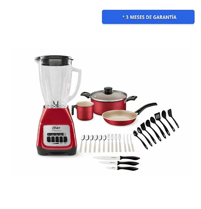 Combo Batería Tramontina 32200742 Turin Roja 31 piezas + Licuadora Oster BLSTKAG RPB Rojo 4 vel Vaso de vidrio