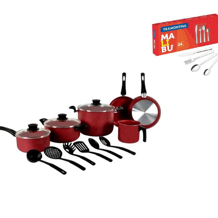 Combo Bateria Tramontina 32200308 GENOVA 15 PIEZAS ROJO + Jgo de Cubiertos Tramontina 23799022 Malibu 24 pzs + Ventilaador Fussion/YIWU VENT-0015 portatil Katty 6" 2 Vel Ajustables