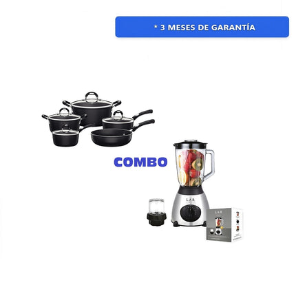 Combo Batería Tramontina 28799002 Mónaco Starflon Premium 9 Pzs Negro / INDUCCION + Licuadora LAR LARLB-0003 1.5L 300w de vidrio