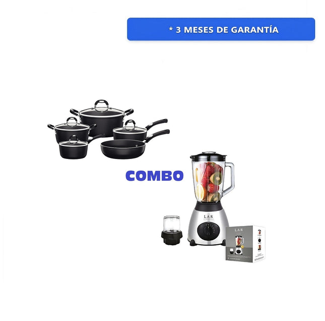 Combo Batería Tramontina 28799002 Mónaco Starflon Premium 9 Pzs Negro / INDUCCION + Licuadora LAR LARLB-0003 1.5L 300w de vidrio