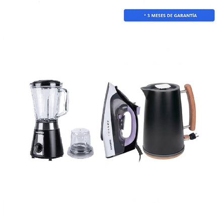 Combo Daewoo Licuadora DBL-851G con molinillo 1.5 lts 2 vel + Pulse rompehielos 500W Negra + Plancha de Vapor DSI-9202 Control de Temperatura 1100W + Hervidor eléctrico inalámbrico DEK-1289 de 1.7L de 1000W