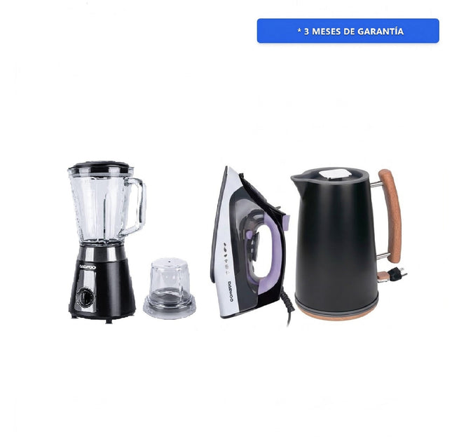 Combo Daewoo Licuadora DBL-851G con molinillo 1.5 lts 2 vel + Pulse rompehielos 500W Negra + Plancha de Vapor DSI-9202 Control de Temperatura 1100W + Hervidor eléctrico inalámbrico DEK-1289 de 1.7L de 1000W