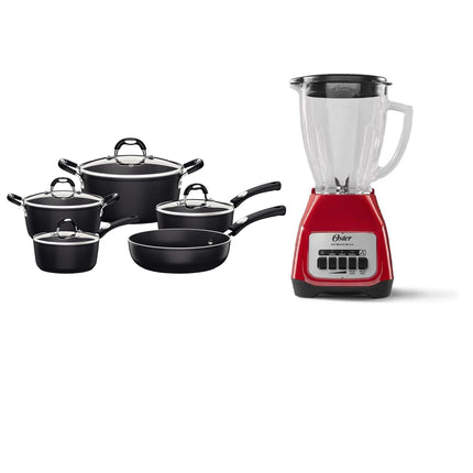 Combo Batería Tramontina 28799002 Mónaco Starflon Premium 9 Pzs Negro / INDUCCION + Licuadora Oster BLSTKAG RPB Rojo 4 vel Vaso de vidrio