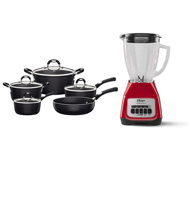 Combo Batería Tramontina 28799002 Mónaco Starflon Premium 9 Pzs Negro / INDUCCION + Licuadora Oster BLSTKAG RPB Rojo 4 vel Vaso de vidrio