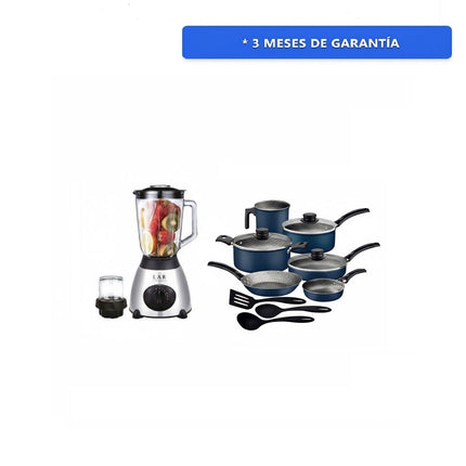 Paquete Convensa Licuadora LAR LARLB-0003 1.5L 300w de vidrio + Bateria Tramontina 27899481 Turim 12 Pzas Azul
