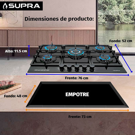 Parrilla de gas 5Q-PG-76 empotrable con 5 quemadores de cristal templado negro