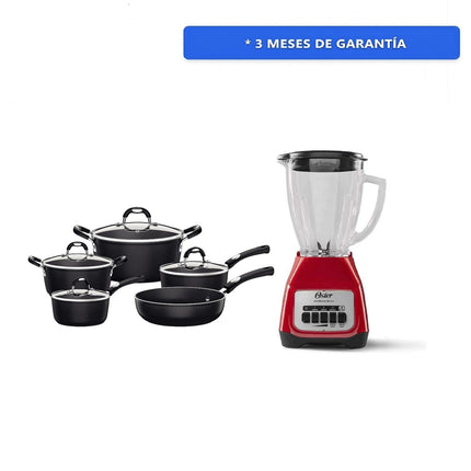 Combo Batería Tramontina 28799002 Mónaco Starflon Premium 9 Pzs Negro / INDUCCION + Licuadora Oster BLSTKAG RPB Rojo 4 vel Vaso de vidrio