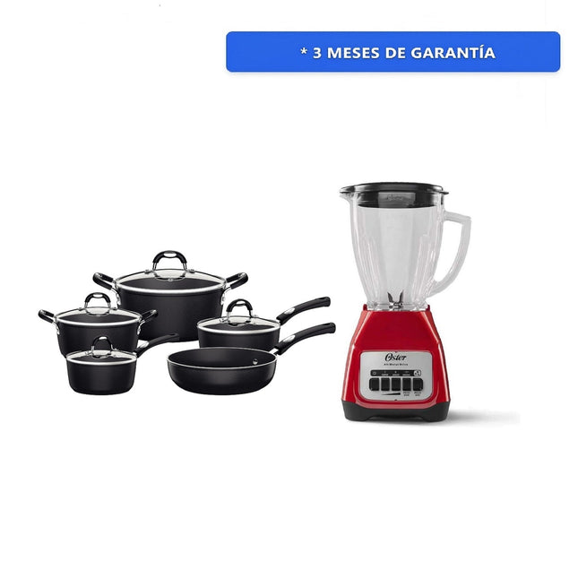 Combo Batería Tramontina 28799002 Mónaco Starflon Premium 9 Pzs Negro / INDUCCION + Licuadora Oster BLSTKAG RPB Rojo 4 vel Vaso de vidrio