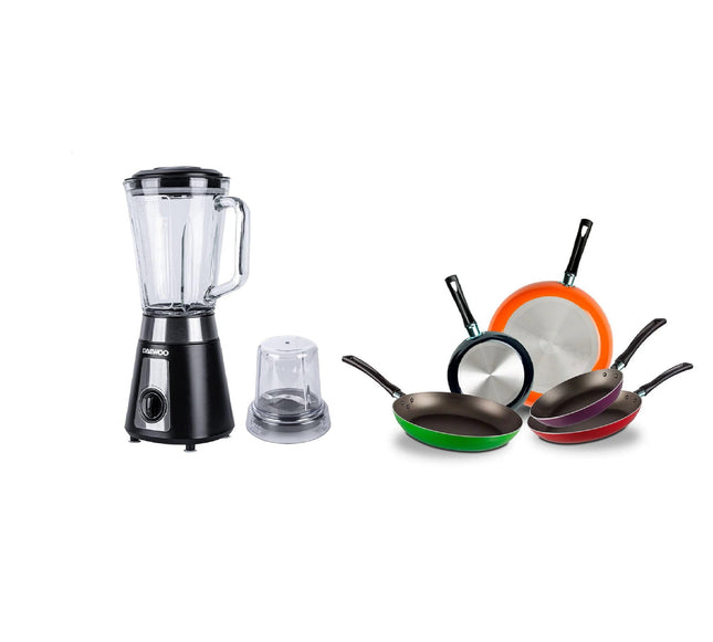 Combo Licuadora Daewoo DBL-851G con molinillo 1.5 lts 2 vel + Pulse rompehielos 500W Negra + Juego de 5 Sartenes 35808 Ekco De Aluminio Con Tecnología Duraflon