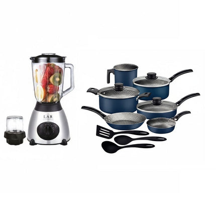 Paquete Convensa Licuadora LAR LARLB-0003 1.5L 300w de vidrio + Bateria Tramontina 27899481 Turim 12 Pzas Azul