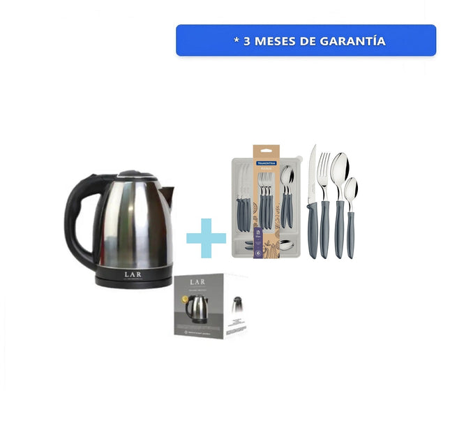 Combo Hervidor electrico LAR LARLB-0005 Capacidad de 1.5L 900w + Juego de Cubiertos Tramontina 23498630 Plenus 25 Piezas Gris