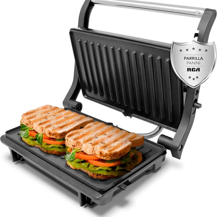 Parrilla Panini RCA RC-123G Press de 180° Negro y Acero Placas Antiadherentes