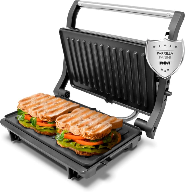 Parrilla Panini RCA RC-123G Press de 180° Negro y Acero Placas Antiadherentes