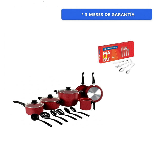 Combo Bateria Tramontina 32200308 GENOVA 15 PIEZAS ROJO + Jgo de Cubiertos Tramontina 23799022 Malibu 24 pzs