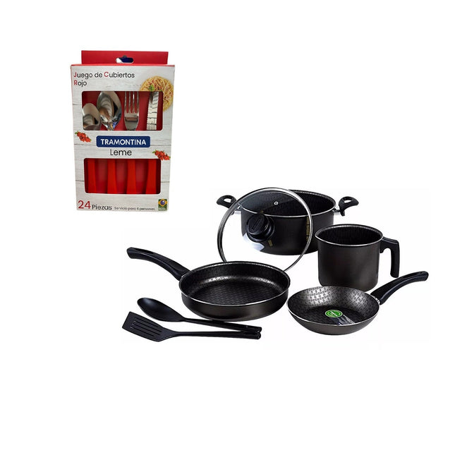 Batería Tramontina París 20599389 Negro 7pz Juego De Cubiertos 32200/728 Leme Rojos 24 Piezas