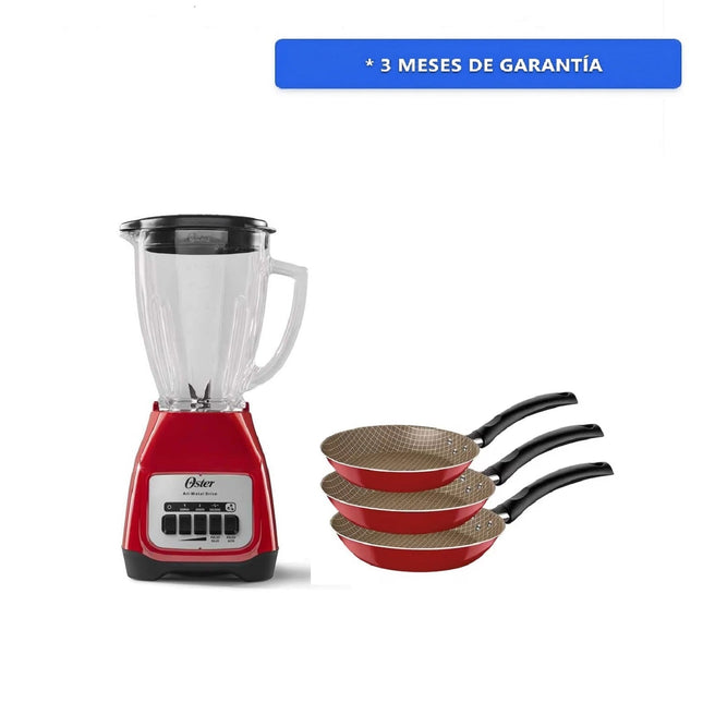 Combo Juego de Satenes Tramontina 32300356 3 pz Rojo Turim + Licuadora Oster BLSTKAG RPB Rojo 4 vel Vaso de vidrio