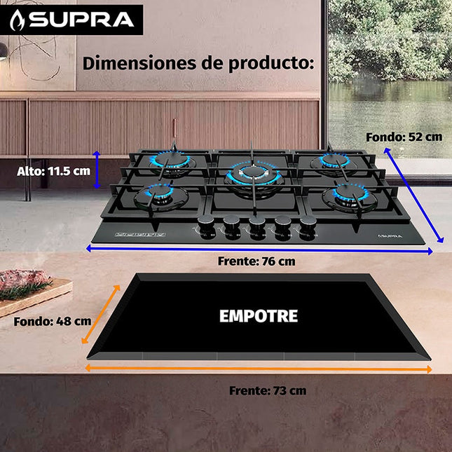 Parrilla de gas 5Q-PG-76 empotrable con 5 quemadores de cristal templado negro
