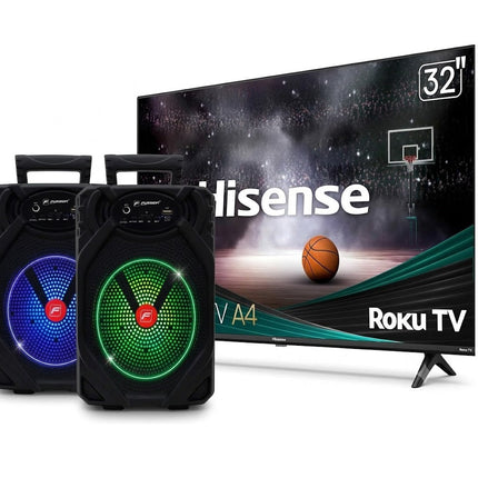 Paquete Juego De 2 Bafles Fussion PBS-65015 Recargables 6.5" PBS-65015 Bluetooth + Pantalla HISENSE 32A4HNR 32'' Roku Smart Tv Hd A4 Series