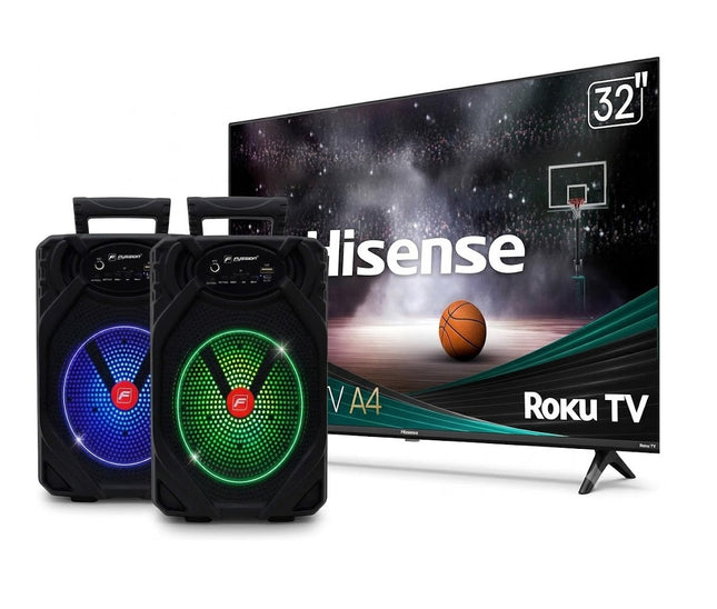 Paquete Juego De 2 Bafles Fussion PBS-65015 Recargables 6.5" PBS-65015 Bluetooth + Pantalla HISENSE 32A4HNR 32'' Roku Smart Tv Hd A4 Series